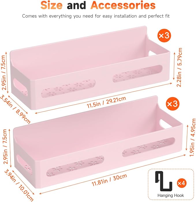 4-Pack Magnetic Spice Rack for Refrigerator with Hooks, Pink | Strong multipurpose magnetic shelf for kitchen & bathroom organization. Includes 4 removable hooks for hanging items. - Image 7