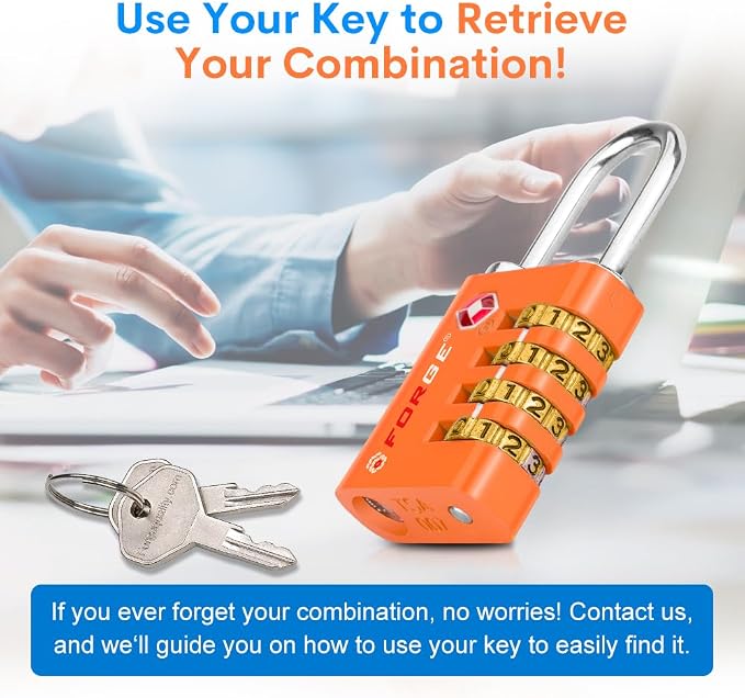 Forge Dual-Opening: Key or Combination Access Lock, TSA Approved Locks for Luggage, Pelican case, Travel, Gym, School, Stainless Steel Shackle.(Orange, 2 Pk) - Image 4
