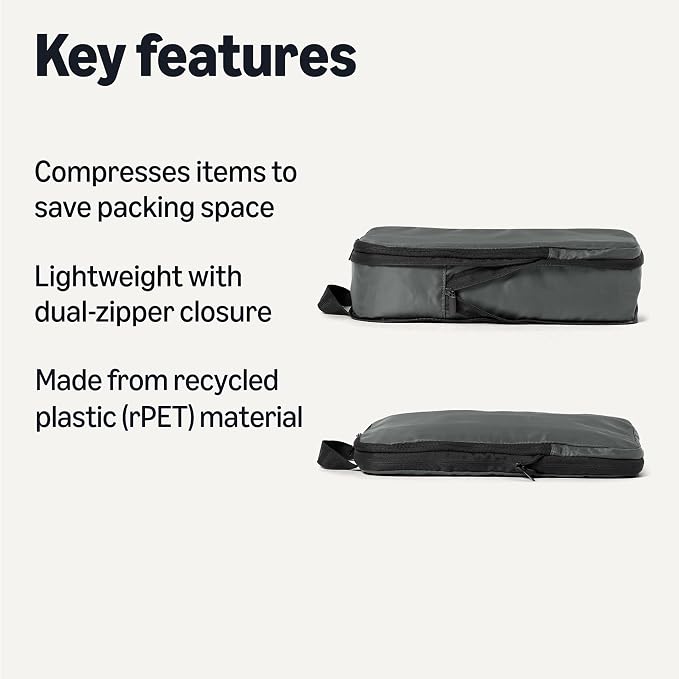 Amazon Essentials Ultralight Compression Packing Cubes, Recycled Fabric, 2 Zippers, 6-Pack, Grey, for Suitcases or Backpacks - Image 2