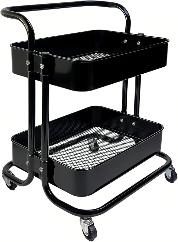2 Tier Rolling Utility Cart with Wheels All-Metal Short Pantry Cart Under Desk Storage Trolley with Handle, Small Rolling Storage Shelf for Small Space Kitchen Laundry Room Bathroom, Black by Ufriandz