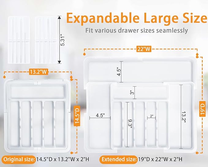 Homecor Silverware Organizer for Kitchen Drawer, Expandable Utensil Drawer Organizer with 2 Knife Block, Flatware and Cutlery Holder, Adjustable Plastic Storage for Spoons Forks Knives - Image 2