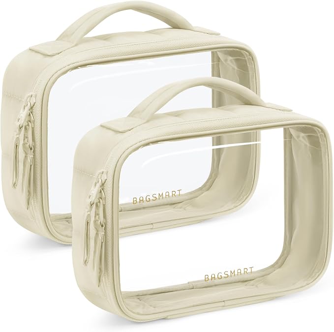BAGSMART Puffy Clear Toiletry Bag, TSA-Approved & Wide-Open, 2-Pack, Beige | Travel Makeup Bag with Handle, Cosmetic Bag with Double Zipper for Women by BAGSMART