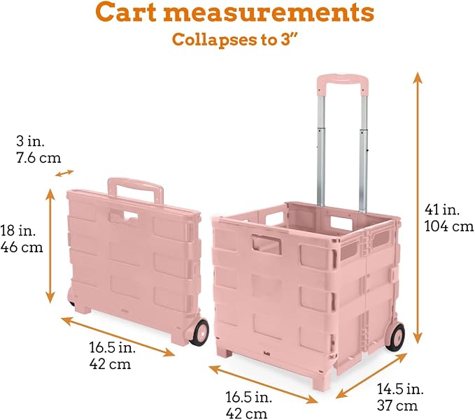 Inspired Living Ultra-Slim Rolling Collapsible Storage Pack-N-Roll Utility-carts, with Telescopic Handle, for Home, Garden, Shopping, Office, School use, Large, Raspberry Pink - Image 2