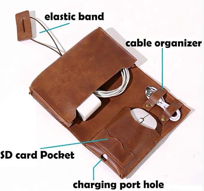 Vintage leather Electronic organizer travel case,cord keeper travel pounch, charger shortage for essentials mouse, adapter, cables,Cable Straps,Earbud case,wrap (Brown leather with band & Organizer) - Image 7