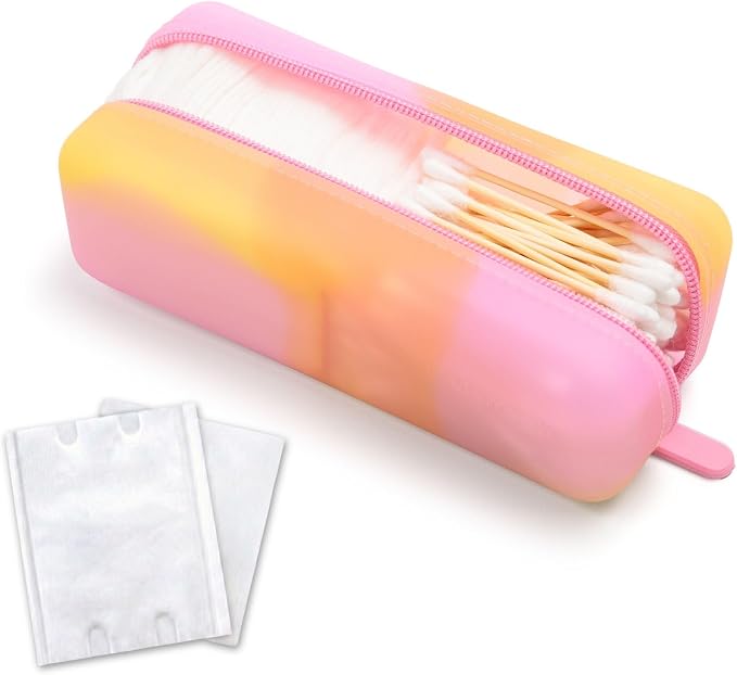 Cotton Pad Swab Travel Case, 2-in-1 Waterproof Organizer (Peach Sunrise) by VisFresh