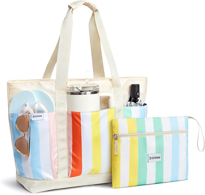 G4Free Beach Bag, Waterproof Beach Tote Pool Bags for Women | Compatible with Cup, Large Capacity Sandproof Foldable for Weekender Travel Swim by G4Free
