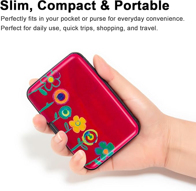 Credit Card Holder, Metal Card Wallet RFID Blocking Mini Slim Aluminum Business Hard Card Case for Women Men (Painting Flowers) - Image 2