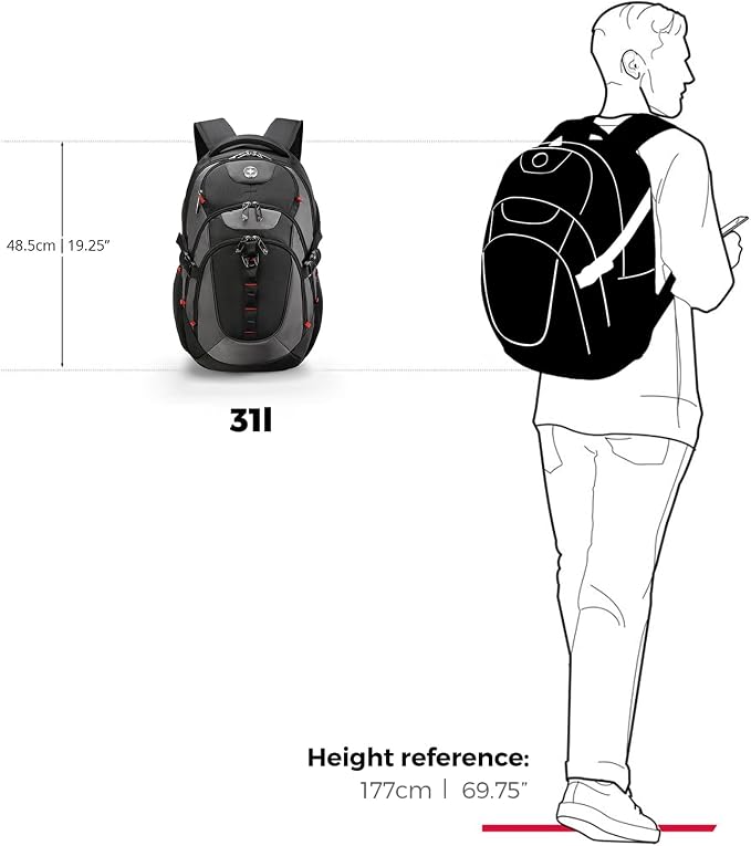 Swissdigital Design Laptop Backpack with USB Charging Port, Travel Backpack Fits 15.6 inches Computer, 31l College School Backpack for Men, Black/Grey | SD803-02 - Image 8