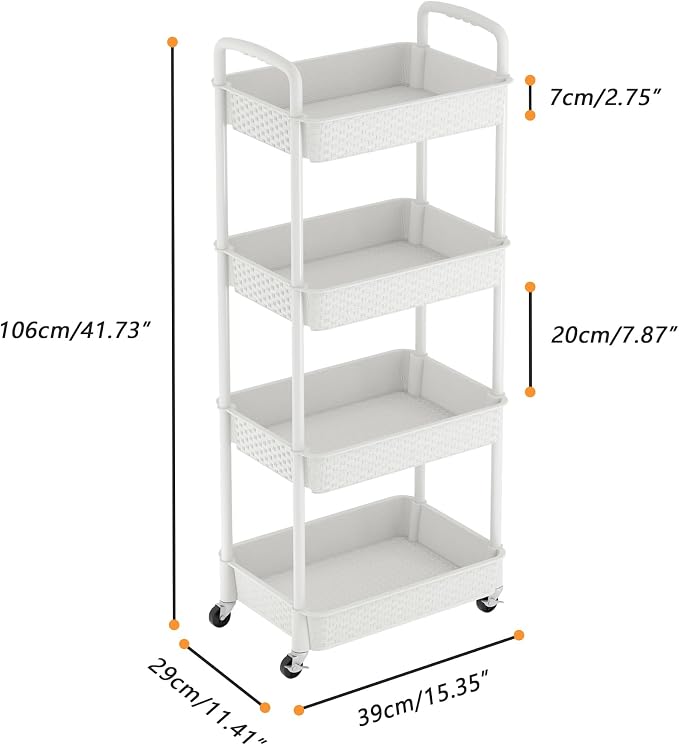 MOYIPIN 4-Tier Plastic Rolling Utility Cart with Handle,White | Utility Storage Cart for Office, Living Room, Kitchen,Movable Storage Organizer，Easy installation，Rattan-like art design - Image 2