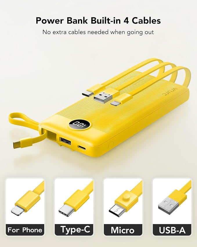VRURC Portable Charger, Built-in 4 Cables Portable Phone Charger 10000mAh | Lightweight Power Bank with 5 Output 2 Input Compatible with Smart Phones,Samsung,Android etc-Yellow(1 Pack) - Image 2