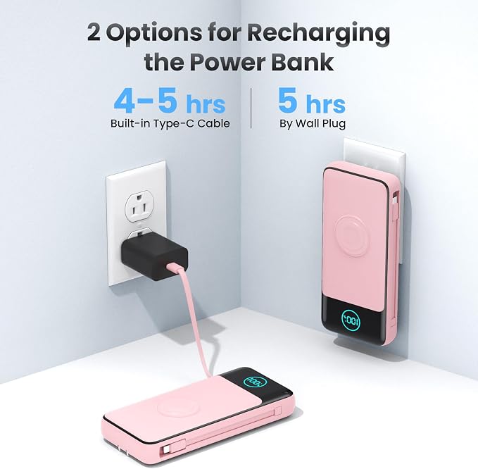 Portable Charger for iPhone with Built-in Cables and AC Wall Plug,26800mah Fast Charging USB C Power Bank,25W PD Travel Essential Battery Pack for iPhone 17/16/15/14/13,Galaxy,Apple Watch (Pink) - Image 5