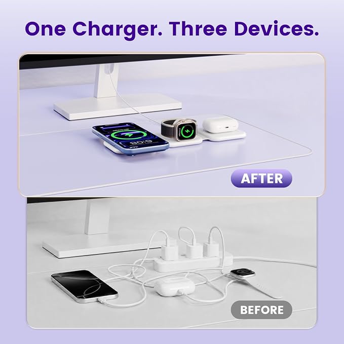 15W Magnetic Travel Charging Station, 3-in-1 Foldable MagSafe Charger | Wireless Charger for Apple Multiple Devices - iPhone Air 17 16 15 14 13 12 Pro Max, Watch & AirPods - Slim Portable, White - Image 7
