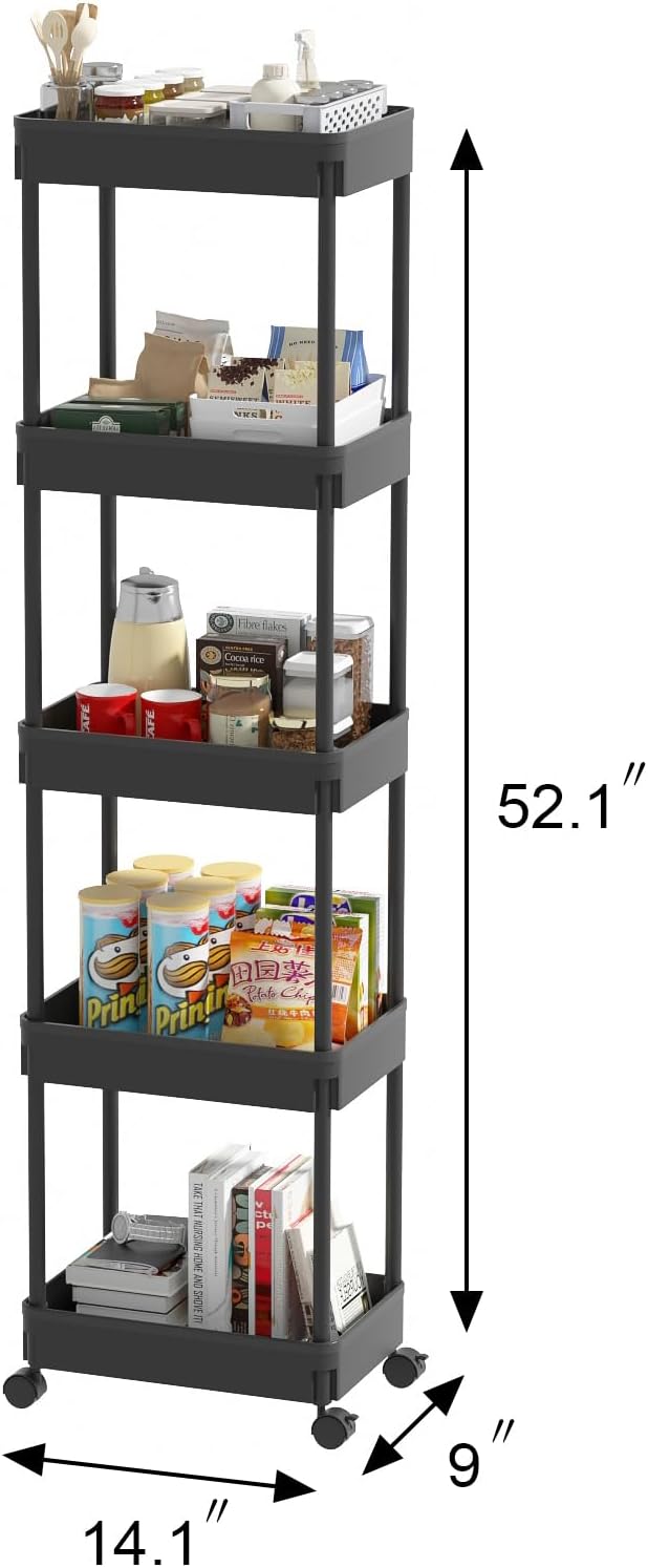 Sooyee 5-Tier Plastic Rolling Utility Cart with Wheels, Multi-Functional Storage Trolley for Office, Living Room, Kitchen, Movable Storage Organizer, Black - Image 5