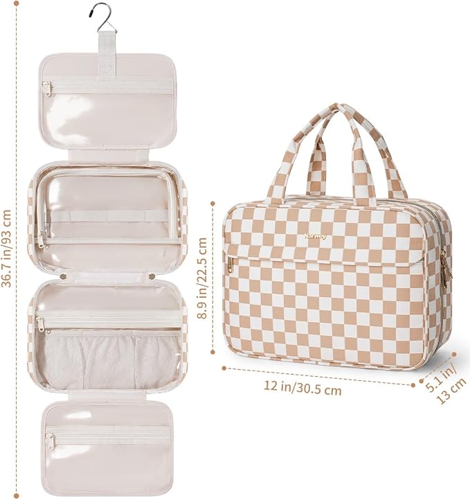 Narwey Hanging Travel Toiletry Bag for Women Checkered Makeup Bag Organizer Cosmetic Make up Toiletries Bag for Travel Essentials Accessories (Light Brown Checkerboard, Large) - Image 8