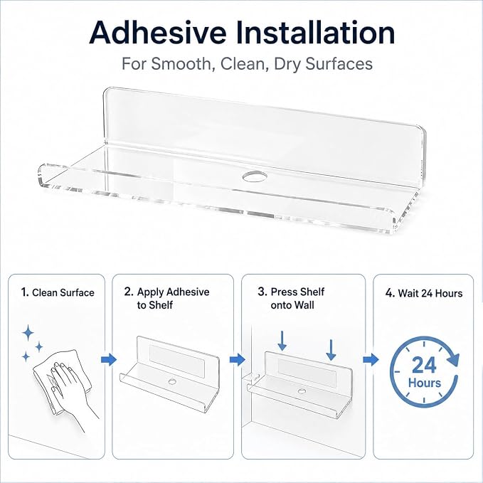 Clear Acrylic Floating Shelves, No Drill Adhesive Wall Shelves, 4 Pack | Clear Acrylic Design; 4 Pack Wall Shelves; Adhesive Mount Only; No Drill Installation; 12 lb Max Load - Image 3