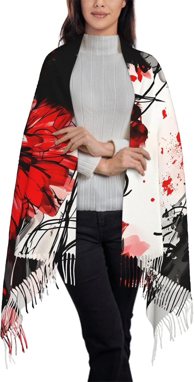IBILIU Oversize Scarf for Women Floral Flower Purple Prune Color Scarf Tassel Scarves Fall Winter Shawl Wraps - 77.6 x 28.3in - Image 3