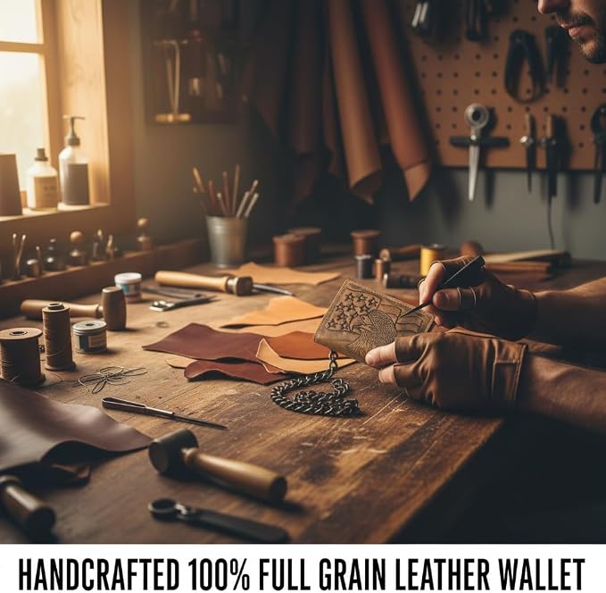F&L CLASSIC RFID Blocking Men's Tri-fold Vintage Biker Cowhide Leather Steel Chain Wallet,Snap closure, brown,eagle flag,315-101 - Image 2