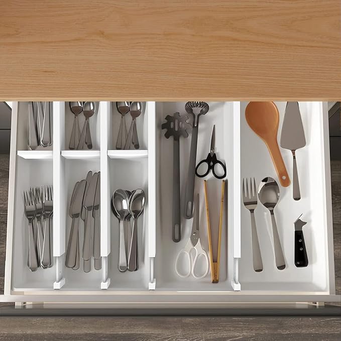 Bamboo Drawer Dividers Organizers, Expandable Drawer Separators Splitter,17-22 inches Long Adjustable Spring-loaded Organizer for Large Utensil, Clothes, Tools Drawers (White) - Image 6