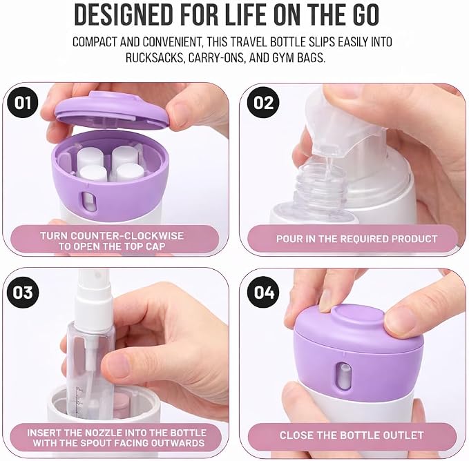 Travigo 4-in-1 Travel Dispenser Bottle, TSA Approved, Leak Proof, Four Reusable 1.4 oz. (40 mL) Toiletry Containers for Shampoo, Conditioner, Soap, Lotion, Skincare (Purple) - Image 4