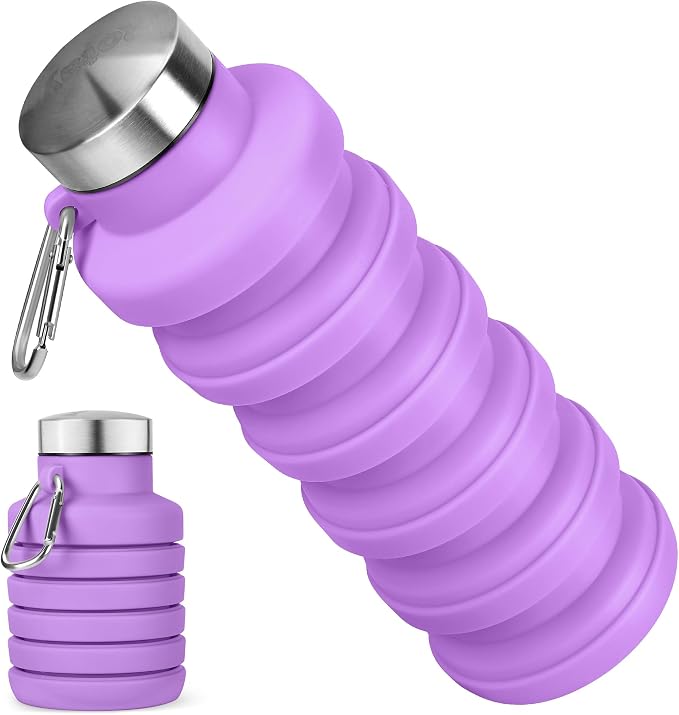 Collapsible Water Bottle, 16oz Portable Reusable Silicone Water Bottle with Carabiner for Gym, Travel, Camping, Hiking, Sports, Lightweight, BPA-Free, Leak-Proof, Foldable Design, Purple by HOME