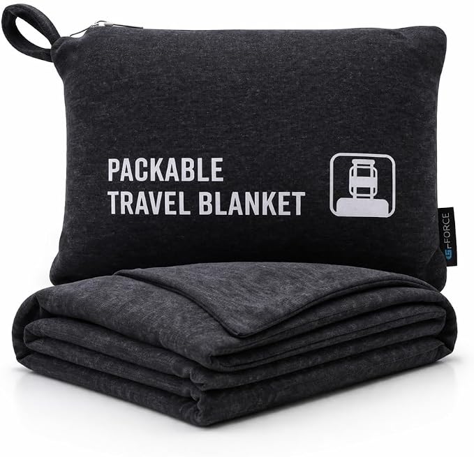 G FORCE Jersey Knit Packable Travel Blanket Black 50x47 Inch | Carry Strap, Luggage Sleeve, Airplane Travel Essentials, Compact Portable Throw by GFORCE