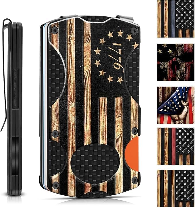 Wood Grain 1776 Flag Minimalist Wallet for Men | Slim RFID Aluminum Metal Wallet, Scratch Resistant & Seamless, Credit Card Holder & Money Clip, Holds up 12 Cards and Cash by Unknown