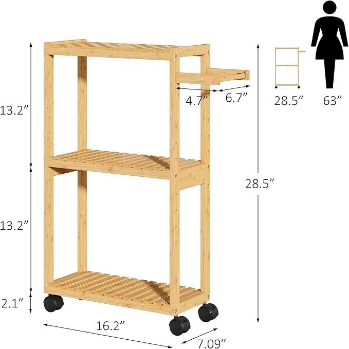 RRX Bamboo Rolling Cart, Slim 3-Tier Standing Shelf Units on Wheels (Beige) | Bamboo Shelves Utility, Storage Corner Shelf Cabinet for Narrow Space, Toilet Paper Organizer for Bathroom, Kitchen - Image 3