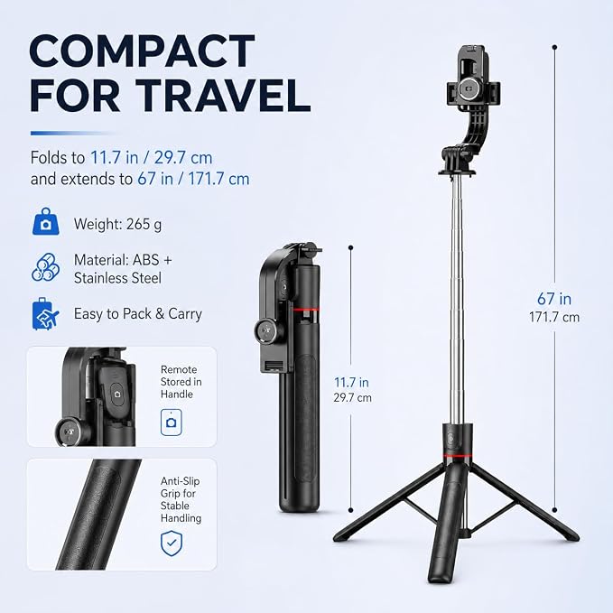67" Detachable Phone Tripod Selfie Stick, Extendable Portable Cell Phone Stable Camera Easy Selfie Tripod Stand, with Wireless Remote, Ideal for Travel & Photos Recording/Video Vlogging, Big Tripod - Image 8