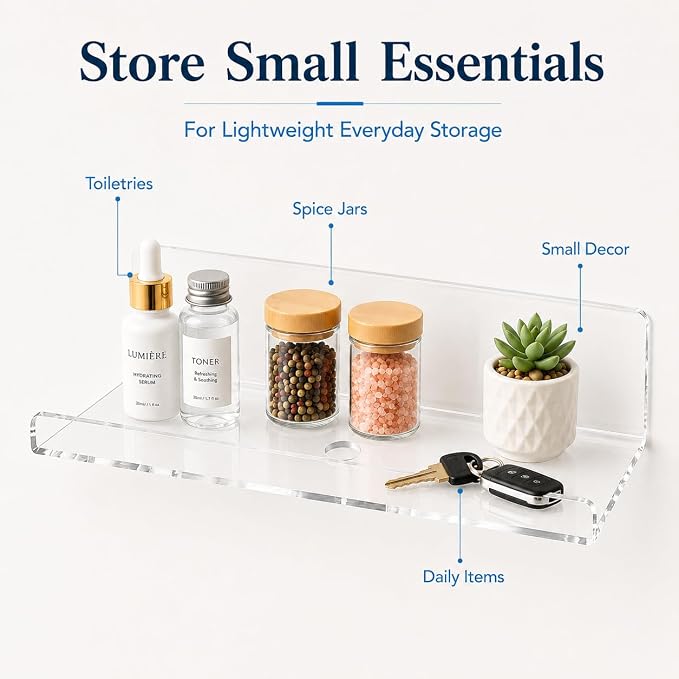 Clear Acrylic Floating Shelves, No Drill Adhesive Wall Shelves, 4 Pack | Clear Acrylic Design; 4 Pack Wall Shelves; Adhesive Mount Only; No Drill Installation; 12 lb Max Load - Image 5