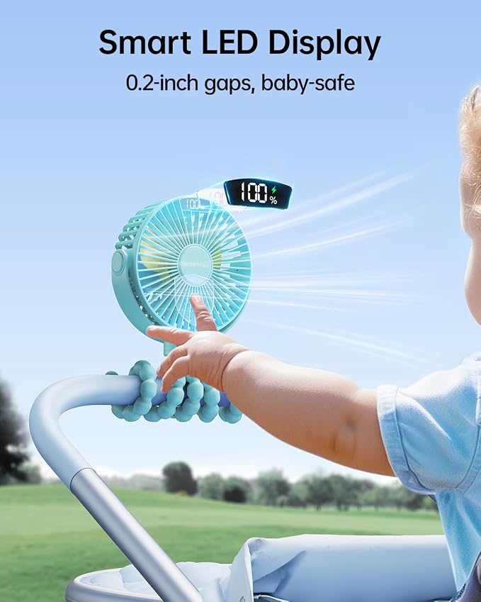 SWEETFULL Portable Stroller Fan with Display 4000mAh Battery Powered Mini Clip On Fan, 4-Speed Rechargeable Small Personal Cooling for Baby Car Seat Crib Travel - Cyan - Image 2