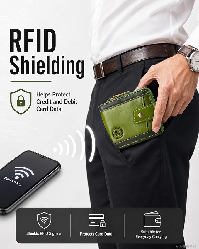 Men's Leather RFID Wallet with Zipper, 14 Card Slots, ID Window | Zippered coin pocket separates loose change; organized for commuting and everyday carry (Green) - Image 2