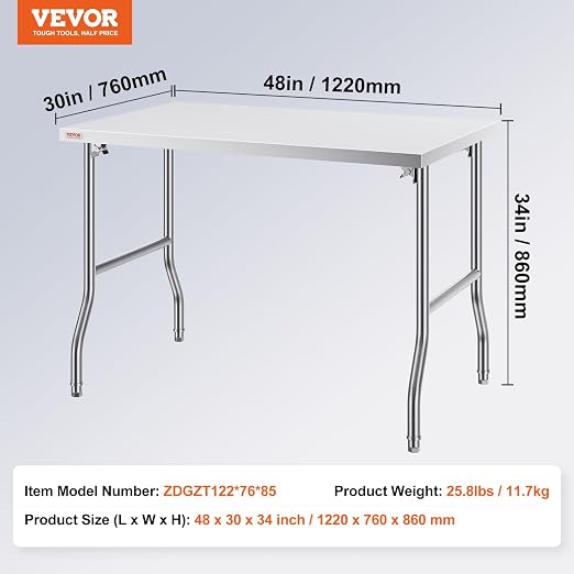 VEVOR Stainless Steel Foldable Work Table, 48 * 30 Inch Heavy Duty Food Outdoor Stainless Steel Worktable for Commercial Kitchen Restaurant - Image 3