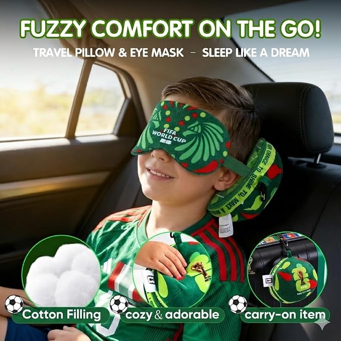 MESUCA FIFA World Cup 2026 Travel Pillow with Eye Mask, Soccer Ball Design Toy Plush 2-in-1 Neck Pillow, Ideal for Car, Airplane, Train Journeys, Kids Gift, FIFA World Cup 2026 Merchandise-Mexico - Image 2