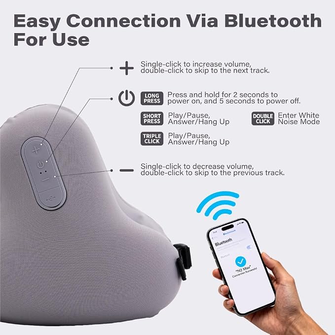 Neck Travel Pillows for Airplanes with Bluetooth, Premium Memory Foam Neck Pillow, Noise Reducing Travel Pillow for Long Flight, Office, Cars, Home, Sleeping and Rest, Gray - Image 6