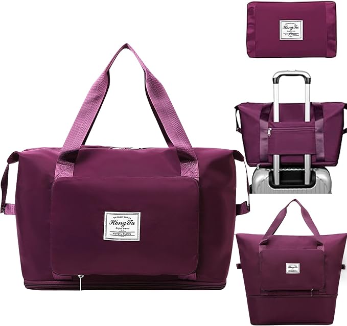 INVODA Travel Bag for Women Expandable Weekender Overnight Bag Carry on Sports Tote Gym Bag Waterproof Foldable Duffel Bag (Fuchsia) by INVODA