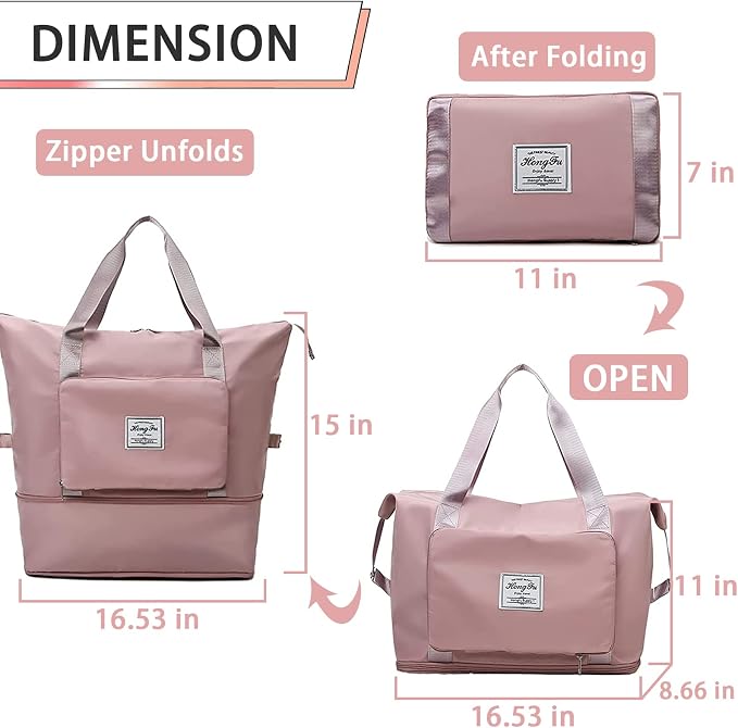 INVODA Travel Bag for Women Expandable Weekender Overnight Bag Carry on Sports Tote Gym Bag Waterproof Foldable Duffel Bag (Dark Pink) - Image 2