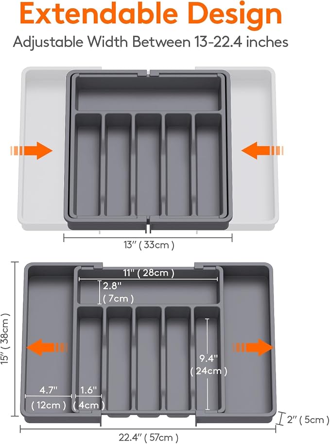 Lifewit Extra Large Silverware Drawer Organizer, Expandable Utensil Tray | BPA Free Flatware Cutlery Holder for Kitchen, Adjustable Plastic Storage for Spoons Forks Knives, 13-22 x15, Dark Gray - Image 3