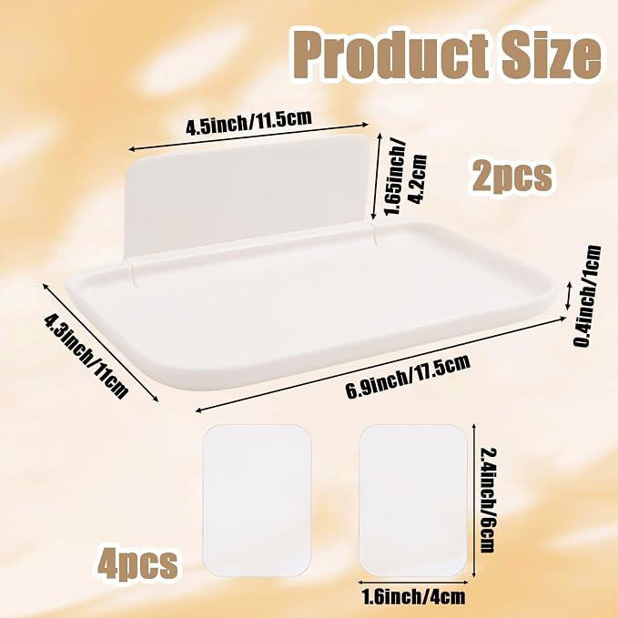 2Pcs Foldable Floating Shelf, No Drill Wall Shelves Adhesive Organizer Tray | Small White Stick on Plastic Shelf, Portable Damage Free Adhesive Shelves for Bedroom Bathroom Kitchen Office - Image 2