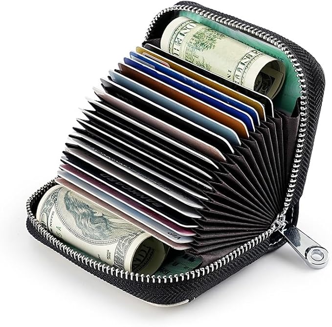 Linno RFID 20 Slots Credit Card Holder Genuine Leather Small Wallet for Women or Men with Zipper - Image 2