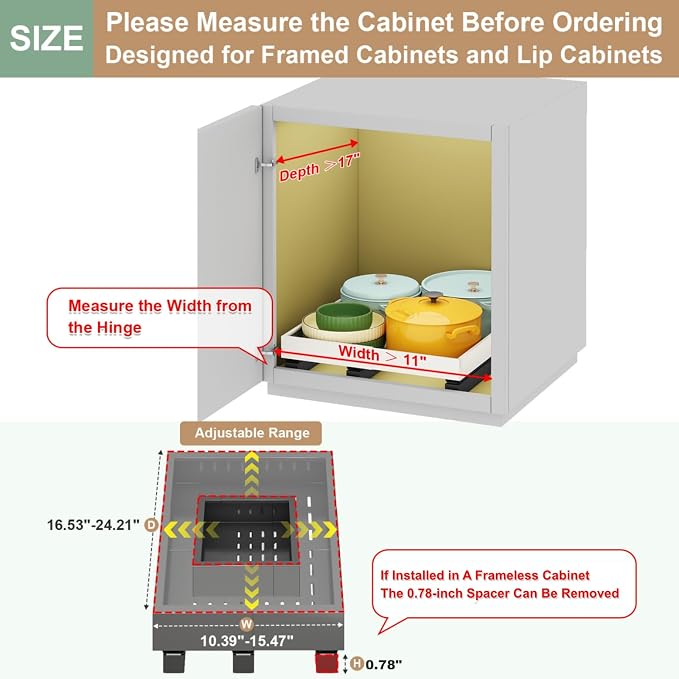 Fokyfok Pull out Cabinet Organizer,11"-16"W,17"-24"D,Expandable,Adhesive | No Drill,3 Rails,Roll out Drawers,Adjustable Slide out Shelves for Kitchen,Pantry,Framed and Framless Cabinets,Black,1PC - Image 2