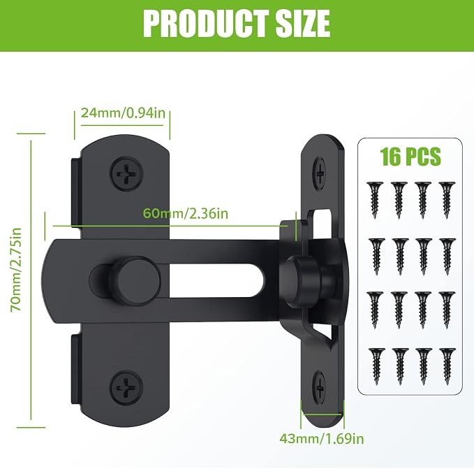 Barn Door Lock, 90 Degree Bifold Flip Door Latch, Black-2PCS | Stainless Steel Angle Latch Lock for Barn, Bathroom, Outdoor, Garage - Image 6