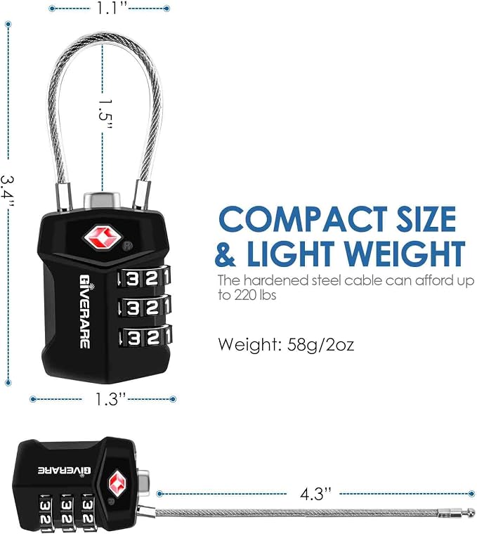 2 Pack TSA Approved Travel Luggage Locks, Cable Combination Lock Alloy, Metal Keyless 3-Digit Padlocks, Weatherproof TSA Accepted Padlock for Gym Locker, Golf Bag Case, Backpack, Black-by GIVERARE - Image 2