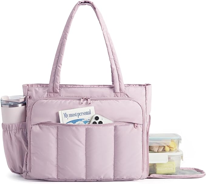 BAGSMART Tote Bag for Women, Puffy Work Tote Bag with Zipper, Quilted Large Teacher Bag for Work, Travel by BAGSMART