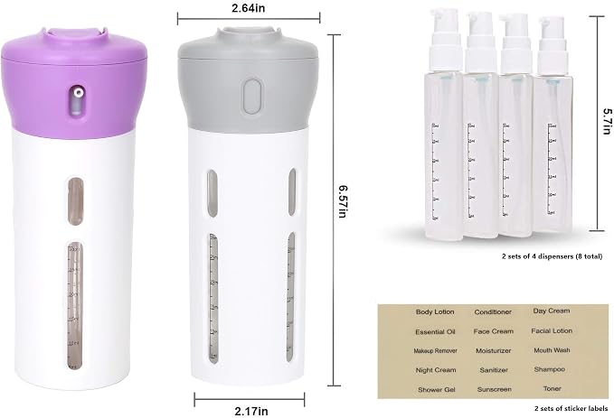 Travigo 4-in-1 Travel Dispenser Bottle Set, TSA Approved, Leak Proof, Reusable 1.4 oz. (40 mL) Toiletry Containers for Shampoo, Conditioner, Soap, Lotion, Skincare (2 Pack, Purple & Gray) - Image 7