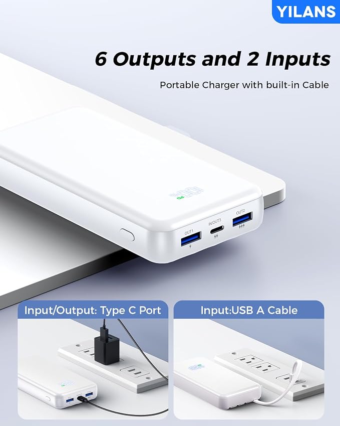 YILANS Portable Charger 50000mAh, 22.5W Power Bank with Built-in 4 Cables | Charges 6 Devices, Fast Charging Travel Essential, External Battery Phone Pack for iPhone 17-12, for Samsung/Android/iPad - Image 6