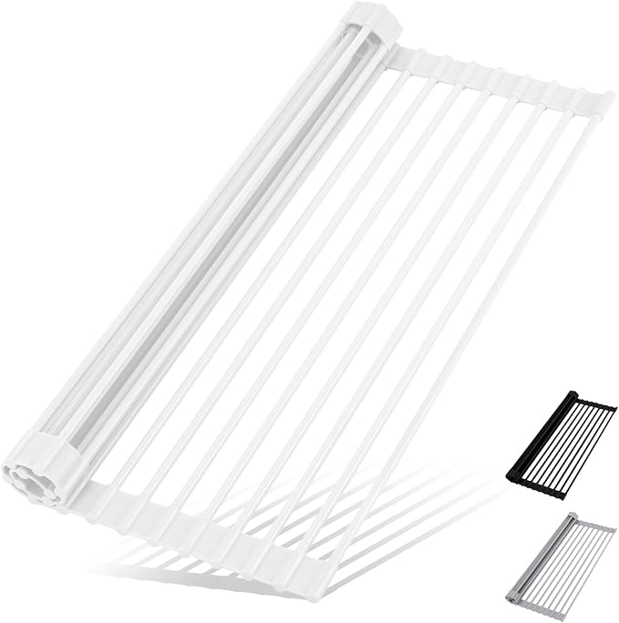 HANZENMA Roll Up Dish Drying Rack Over The Sink Kitchen Roll Up Sink Drying Rack Multipurpose Foldable Sink Drying Mat, Heat-Resistant, Anti-Slip & Anti-Rust Dish Rack for Kitchen, 20.5" x 13", White by HANZENMA