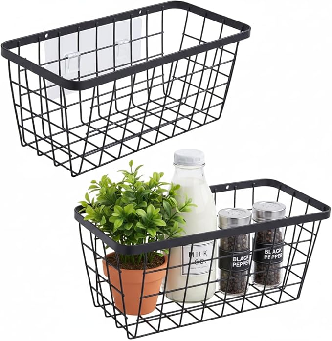 2 Pack Hanging Wall Basket Organizer Over the Cabinet Door Wire Baskets for Organizing -Space-Saving Hanging Baskets for Organizing Wall Mount Storage,No Drilling Adhesive Wall Storage Basket, Black by HomeSpaceStorageBasket