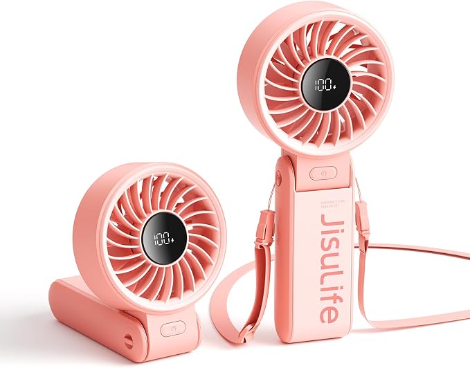 JISULIFE Portable Handheld Fan Life7: 3-in-1 Hand, Desk & Neck Fan-Pink | 19.5H Max Cooling, 5-Speed, LED Display, 5000mAh Rechargeable,USB Foldable Fan for Travel/Concerts/Cruise/Sports Events/Gifts by LivechillStaycool