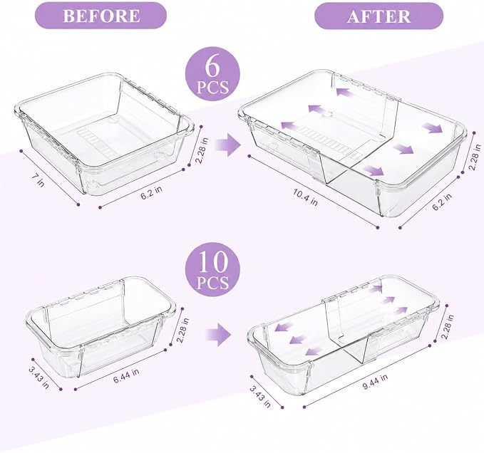 Clear Expandable Drawer Organizer Set, 16PCS Adjustable Drawer Organizers for Makeup, Cosmetics, Jewelry, Skincare, Bathroom, Kitchen & Dresser Storage, Transparent PET Drawer Storage Bins, 2 Sizes - Image 2