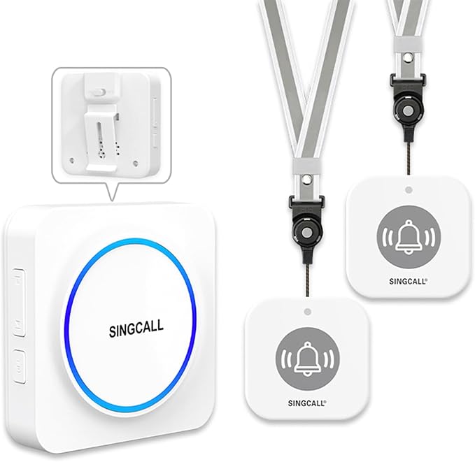 Wireless Portable Caregiver Pager Personal Panic Alarm System | For Elderly/Kids/Pregnant/Patients, 32 Chimes, 0-100dB Volume, 1 Rechargeable Receiver & 2 Emergency Call Buttons by SINGCALL